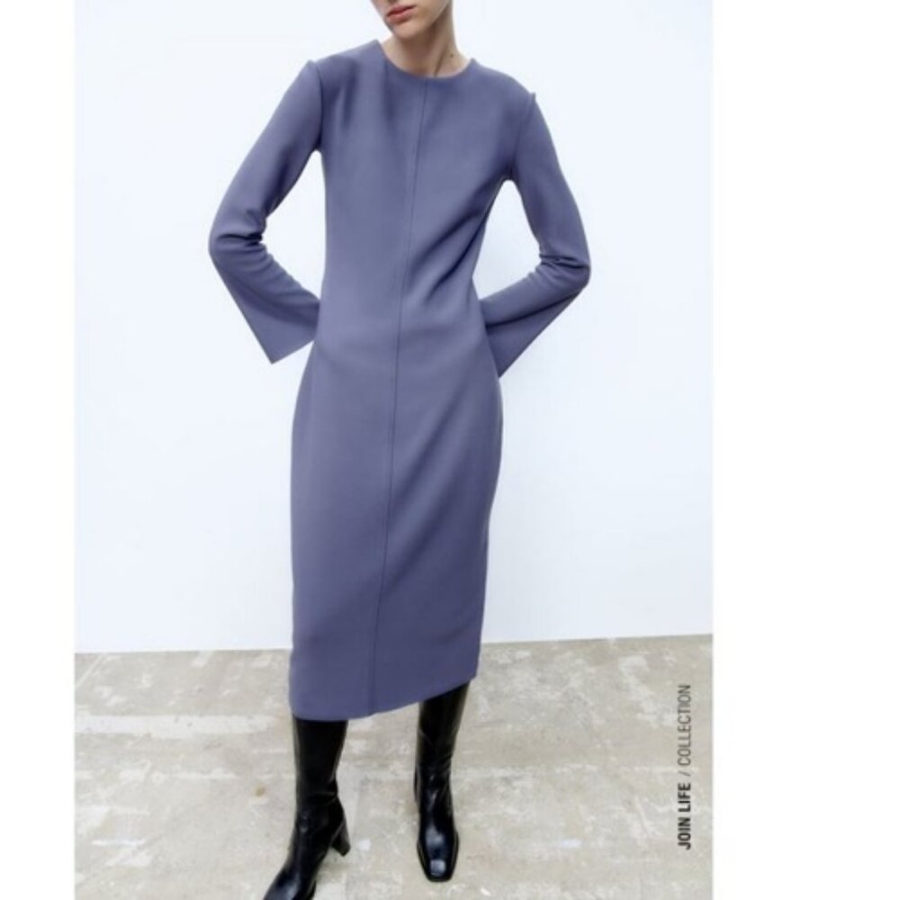 Zara Midi Crepe Long Sleeve Dress in Lilac, NWT, M